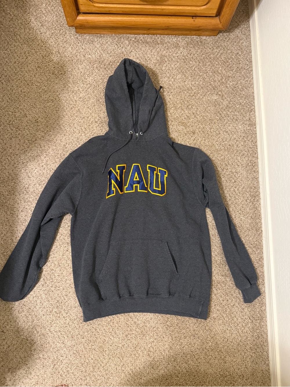 Champion Gray Crewneck Hoodie with Yellow-Outlined Navy NAU Logo